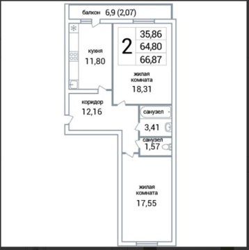 2-к квартира, 7/16 эт., 72м²