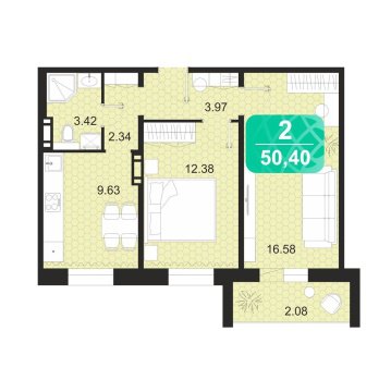 2-к квартира, 4/16 эт., 59м²