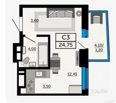 Студия, 8/25 эт., 25м²