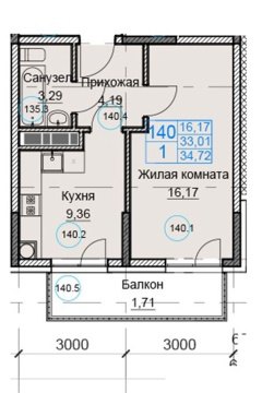 1-к квартира, 2/8 эт., 34м²