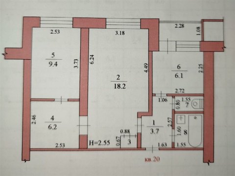 3-к квартира, 2/5 эт., 48м²