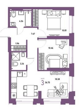 3-к квартира, 3/26 эт., 56м²