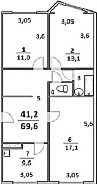 3-к квартира, 2/5 эт., 69м²