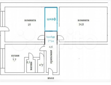 2-к квартира, 4/5 эт., 45м²