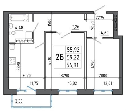 2-к квартира, 3/8 эт., 59м²