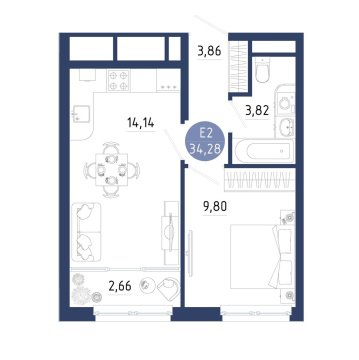 1-к квартира, 2/18 эт., 34м²