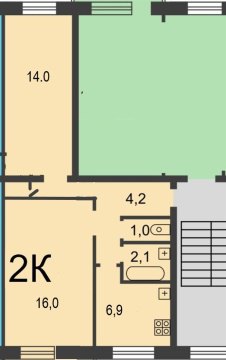 2-к квартира, 1/5 эт., 45м²