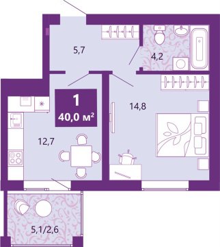 1-к квартира, 2/4 эт., 40м²
